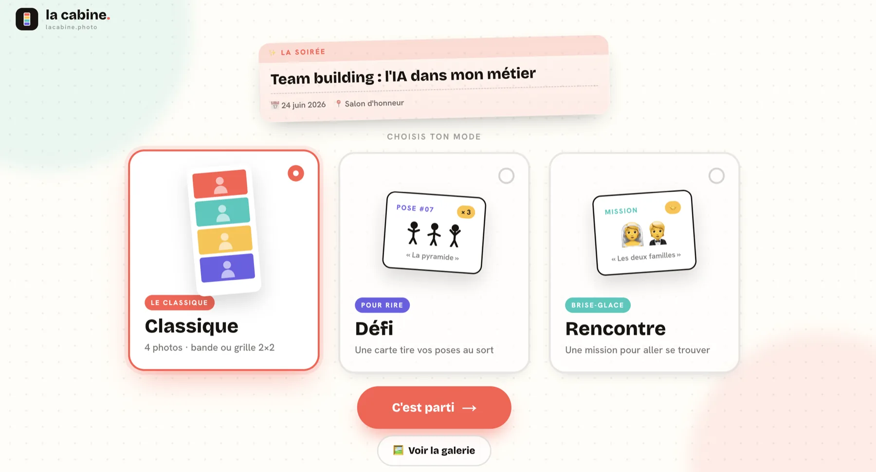 La Cabine, écran de choix des modes Classique, Défi et Rencontre